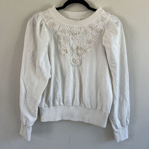By Anthropologie Embroidered Sweatshirt White Floral Puff Sleeve Women’s Medium - Picture 1 of 6